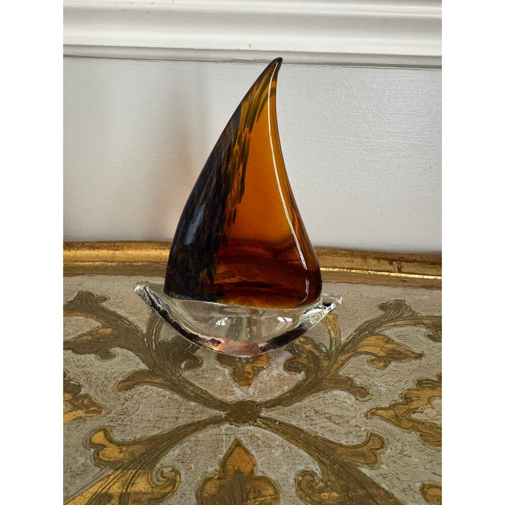 Vintage Amber Art Glass Sailboat Figurine MCM Nautical Coastal Decor 6”